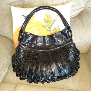 KATHERINE KWEI Donna Black Leather Purse Python Eternity Knot Fringe Cowhide